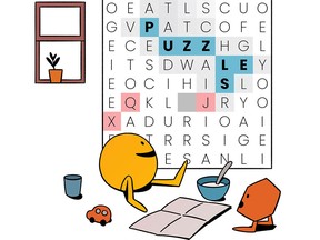 Illustration: Puzzmo character plays SpellTower