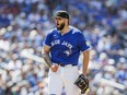 Toronto Blue Jays pitcher Alek Manoah (6) reacts after the final out of the top of the sixth inning of MLB baseball action against the Tampa Bay Rays in Toronto on Sunday, May 19, 2024.