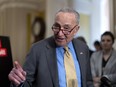 Senate Majority Leader Chuck Schumer, D-N.Y., speaks to reporters following Democratic strategy session, at the Capitol in Washington, Wednesday, May 8, 2024.