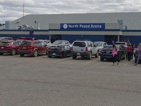 Fort Nelson, B.C. evacuees gather at the North Peace Arena in Fort St. John , B.C., on Monday, May 13, 2024. Residents in Fort Nelson are able to go home today after being evacuated for more than two weeks due to wildfires.