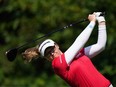 Brooke Henderson, of Canada, hits her tee shot on the second hole during the final round at the LPGA CPKC Canadian Women's Open golf tournament, in Vancouver, B.C., Sunday, Aug. 27, 2023.