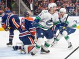 Vancouver Canucks' Brock Boeser (6) celebrates a goal against the Edmonton Oilers during first period second-round NHL playoff action in Edmonton on Sunday May 12, 2024.THE CANADIAN PRESS/Jason Franson