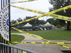 Caution tape blocks the path to Florida State University's Flying Circus bleachers that were damaged when the tent above them collapsed during strong weather in Tallahassee, Friday, May 10, 2024. Powerful storms bringing the threat of tornadoes continued to slam several southern states early Friday, as residents cleared debris from deadly severe weather that produced twisters in Michigan, Tennessee and other states. Some of the strongest storms early Friday rolled into Tallahassee.