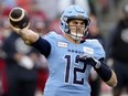 Toronto Argonauts quarterback Chad Kelly has formally withdrawn from the CFL club's training camp. Kelly (12) makes the pass during first half CFL Eastern Division final football action against the Montreal Alouettes, in Toronto, Saturday, Nov. 11, 2023.
