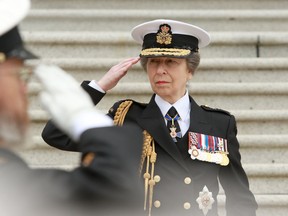 Princess Anne saluted Canadian veterans and current forces members during a ceremony at British Columbia's legislature cenotaph commemorating the Second World War's Battle of the Atlantic. A royal salute from Princess Anne as a parade marches by following the Battle of the Atlantic service at the legislature, in Victoria, Sunday, May 5, 2024.