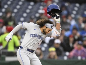 The Toronto Blue Jays started the 2024 regular season aiming for bigger things after crashing out in the wild-card series last fall. Toronto Blue Jays' Bo Bichette reacts after he struck out during the fifth inning of a baseball game against the Washington Nationals, in Washington, Saturday, May 4, 2024. Bichette was ejected from the game.