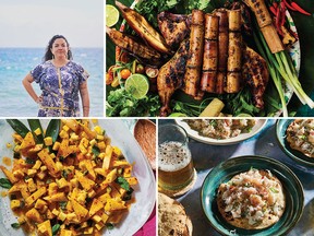 Clockwise from top left: Author Von Diaz, poulet boucané (sugarcane smoked chicken), kelaguen uhang (citrus-marinated shrimp with coconut), and cucumber, mango and pineapple salad with tamarind and chili