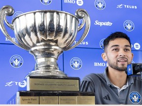 CF Montreal's Mathieu Choiniere speaks to the media after being named team MVP at an end-of-season availability October 24, 2023 in Montreal.