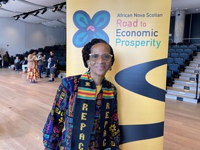 Statistics vital to tracking the economic prosperity of Nova Scotia's Black community have been gathered in a first of its kind report. Carolann Wright, executive director of the Road to Economic Prosperity team at the Halifax Partnership, poses for a photo at the launch of a report on the economic prosperity of African Nova Scotians at the Halifax Central Library, Wednesday, May 22, 2024.