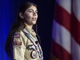 Selby Chipman, 20-year-old, speaks at the Boys Scouts of America annual meeting in Orlando, Fla., Tuesday, May 7, 2024. The Boy Scouts of America is changing its name for the first time in its 114-year history and will become Scouting America.
