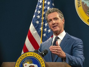 FILE -- California Gov. Gavin Newsom speaks during a news conference in Sacramento, California, on May 10, 2024. Newsom signed a law on Thursday, May 23, 2024, temporarily allowing Arizona doctors come to California to perform abortions.