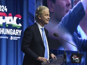 Chairman of the Dutch Freedom Party Geert Wilders speaks at the third Hungarian edition of the Conservative Political Action Conference, CPAC Hungary, in Budapest, Hungary, Friday, April 26, 2024. The two-day event is hosted from April 25 to 26 by the Center for Fundamental Rights of Hungary for the third consecutive year.