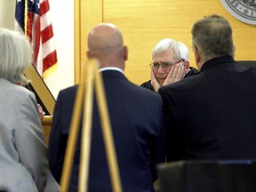 Superior Court Justice Andrew Schulman conducts a bench hearing with lawyers during the trial for David Meehan at Rockingham Superior Court in Brentwood, N.H., Wednesday, April 10, 2024.