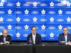 New Maple Leafs Sports & Entertainment president Keith Pelley, left, Maple Leafs president Brendan Shanahan, centre, and Maple Leafs general manager Brad Treliving speak to the media during a press conference in Toronto on Friday, May 10, 2024.