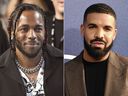2017 年 8 月 27 日，说唱歌手肯德里克·拉马尔 (Kendrick Lamar) 出席加利福尼亚州英格尔伍德举行的 MTV 音乐录影带大奖颁奖典礼（左），加拿大说唱歌手德雷克 (Drake) 出席该系列的首映式 