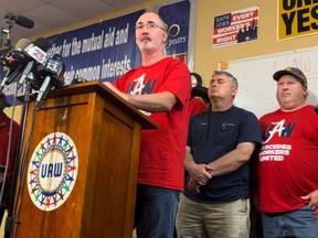 United Auto Workers President Shawn Fain speaks to reporters in Tuscaloosa, Ala., on Friday, May 17, 2024, after workers at two Alabama Mercedes-Benz factories voted overwhelmingly against joining the UAW.
