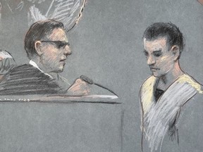 FILE - This artist depiction shows Massachusetts Air National Guardsman Jack Teixeira, right, appearing in U.S. District Court in Boston, April 14, 2023. The Massachusetts Air National Guard member who pleaded guilty to federal crimes for leaking highly classified military documents appeared at a hearing Tuesday, May 14, 2024, on whether he should face a military trial on additional charges.