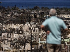 FILE - A man views the aftermath of a wildfire in Lahaina, Hawaii, Aug. 19, 2023. A University of Hawaii study examining the health effects of last year's deadly wildfires on Maui found that up to 74% of participants may have difficulty breathing and otherwise have poor respiratory health, and almost half showed signs of compromised lung function.