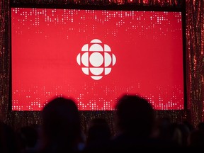 The CBC logo is projected onto a screen in Toronto on May 29, 2019. CBC is launching 14 free ad-supported streaming channels dedicated to local news across Canada.THE CANADIAN PRESS/Tijana Martin