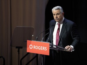 Rogers CEO Tony Staffieri speaks at the telecommunications company's annual general meeting in Toronto, Wednesday, April 26, 2023. The chief executive of Rogers Communications Inc. says the company plans to pursue a renewal of its rights to broadcast NHL games when its current agreement expires in two years, but offered no hints on whether it will go it alone or seek a partner.THE CANADIAN PRESS/Chris Young
