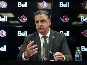 Ottawa Senators' new head coach Travis Green takes part in his introductory press conference in Ottawa on Wednesday, May 8, 2024.