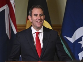 Australia's Treasurer Jim Chalmers addresses the Lowy Institute in Sydney, Wednesday, May 1, 2024. Chalmers says the bilateral relationship with India is good and has improved in recent years, but declined to comment on reports that two Indian spies had been expelled from Australia four years ago.