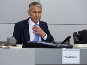 FILE - German far-right politician of the Alternative for Germany (AfD) Bjoern Hoecke attends his trial in the state court in Halle, Germany, Thursday, April 18, 2024. A court is expected to deliver its verdict Tuesday, May 14, 2024, in the trial of one of the best-known figures in the far-right Alternative for Germany party, who is accused of knowingly using a Nazi slogan in a speech.