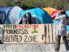 A pro-Palestinian protest encampment is shown at the University of Calgary on Thursday, May 9, 2024.