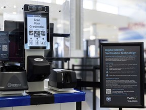 FILE - The Transportation Security Administration's new facial recognition technology is seen at a Baltimore-Washington International Thurgood Marshall Airport security checkpoint, April 26, 2023, in Glen Burnie, Md. A bipartisan group of senators wants restrictions on the use of facial recognition technology by the TSA, saying they're concerned about travelers' privacy and civil liberties.