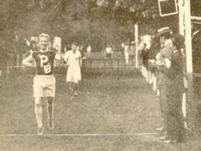 Canadian George Orton crosses the finish line for Olympic gold at the 1900 Olympics in Paris.
