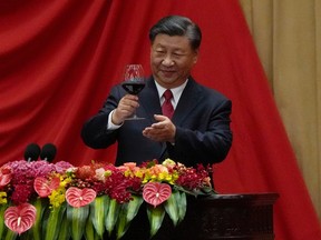 Chinese President Xi Jinping makes a toast to leaders and invited guests after delivering his speech at a dinner marking the 74th anniversary of the founding of the People's Republic of China at the Great Hall of the People on September 28, 2023 in Beijing, China.