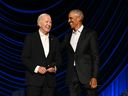 U.S. President Joe Biden, left, with former U.S. President Barack Obama during a campaign fundraiser at the Peacock Theater in Los Angeles on June 15, 2024.