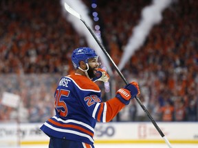 Darnell Nurse (25) of the Edmonton Oilers celebrates after scoring a goal against the Florida Panthers in Game 6 of the 2024 Stanley Cup Final at Rogers Place on June 21, 2024, in Edmonton.
