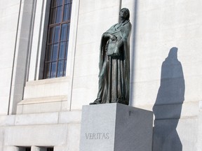 The statue of Veritas (Truth) is shown in front of the Supreme Court of Canada in Ottawa.