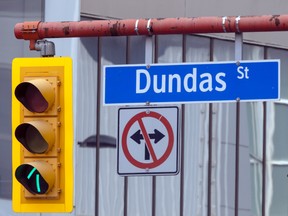 A Dundas Street sign.