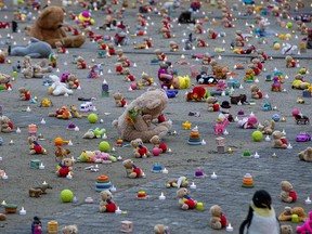 Teddy bears and toys represent children abducted in Ukraine