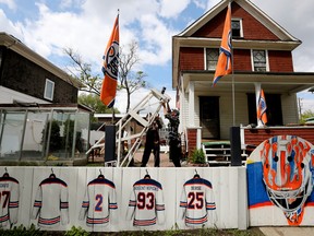 A house decorated with Edmonton Oilers images.