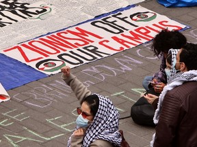 Pro-Palestinian protesters hold a rally against Israel and want Toronto Metropolitan University to divest investments connected with Israel at TMU, Tuesday April 30, 2024.