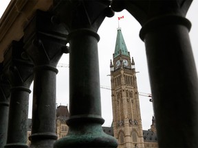 The Peace Tower is seen on Parliament Hill.