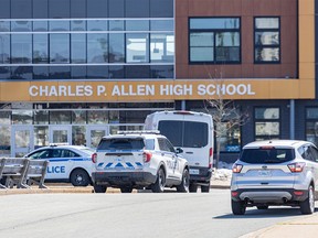 Police are on the scene after three people were stabbed by a student at Charles P. Allen High School in Halifax on March 20, 2023.