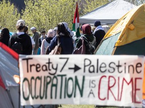 Demonstrators gather in pro-Palestinian protest encampment at the University of Calgary on Thursday, May 9, 2024.
