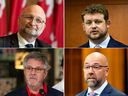 These MPs have either recently resigned or have announced their intention to resign, leading to the possibility of four more federal byelections this year. Top row from left: former Liberal MP David Lametti, former NDP MP Daniel Blaikie; bottom row from left: former Liberal MP John Aldag, current Liberal MP Andy Fillmore.