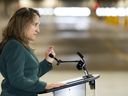 Chrystia Freeland, Deputy Prime Minister and Minister of Finance speaks during a press conference at a transit bus maintenance facility in Brampton, Ont., on Friday, June 7, 2024.
