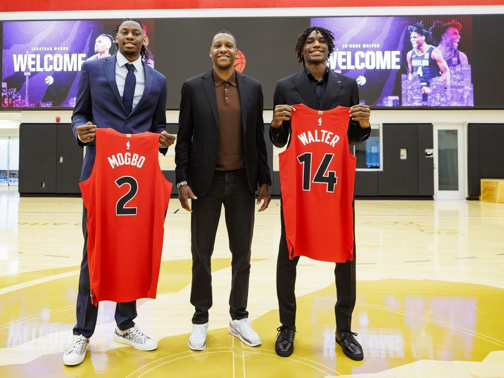 NextImg:Raptors draft picks Ja'Kobe Walter, Jonathan Mogbo introduced to Toronto