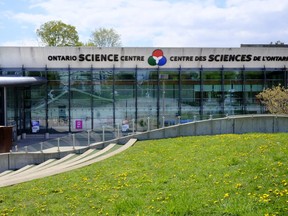 A general view of the Ontario Science Centre, in Toronto, Friday, May 5, 2023. The firm of the architect who designed the Ontario Science Centre says closing the building is not necessary and is offering its services free of charge to the provincial government for roof repairs.