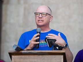 Winnipeg Mayor Scott Gillingham speaks at a rally prior to the 2024 Winnipeg Pride Parade on Sunday, June 2, 2024.