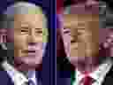 FILE: In this combination of photos, President Joe Biden speaks on Aug. 10, 2023, in Salt Lake City, from left, former President Donald Trump speaks on July 8, 2023, in Las Vegas.