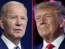 FILE: In this combination of photos, President Joe Biden speaks on Aug. 10, 2023, in Salt Lake City, from left, former President Donald Trump speaks on July 8, 2023, in Las Vegas.