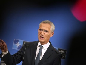 NATO Secretary General Jens Stoltenberg addresses a media conference after a meeting of NATO defence ministers at NATO headquarters in Brussels, Friday, June 14, 2024. Stoltenberg is slated to give a speech at an event hosted by the NATO Association of Canada this evening.