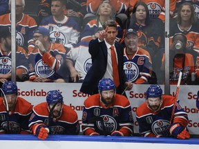 Edmonton Oilers head coach Kris Knoblauch gestures during the second period of Game 6 of the NHL hockey Stanley Cup final against the Florida Panthers in Edmonton, Friday, June 21, 2024.THE CANADIAN PRESS/Jeff McIntosh